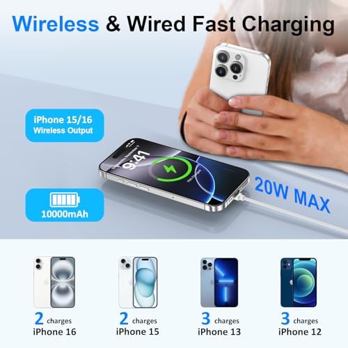 Ultra-Slim 10000 m Ah Magnetic Wireless Power Bank – 20 W Fast Charging for i Phone 16 Pro Max & Samsung Galaxy S25 Ultra, Dual Device Support, Compact Design for On-the-Go Charging, Enhanced Safety Features, Includes USB-C Cable