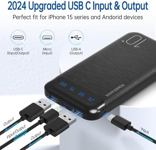 10000 m Ah Slim Portable Power Bank – Fast Charging External Battery Pack with Dual USB 2.4 A Outputs & USB-C Compatibility for i Phone 12-16, Huawei, Samsung Galaxy S20, & Android Tablets – Ideal for Travel and Daily Use