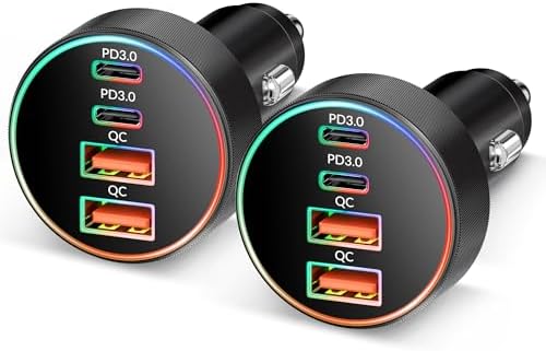 High-Power 4-Port USB C Car Charger – 90 W Fast Charging Adapter with Dual USB-C & USB-A Ports for i Phone 11-16, i Pad, Samsung, and Android Devices – Compact Cigarette Lighter Adapter with Enhanced Safety Features and Multi-Device Compatibility for Road Trips and Daily Commutes