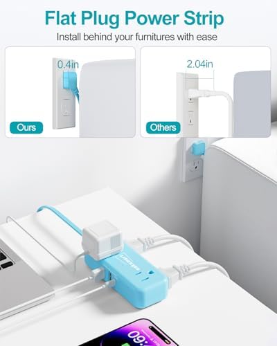 Sleek Flat Plug Power Strip with 5 Ft Extension Cord – 4 AC Outlets & 3 Fast-Charging USB Ports (5 V/3.4 A) – Compact Travel-Friendly Power Solution for College Dorms, Home Offices, and On-the-Go Charging – Maximize Space and Connectivity