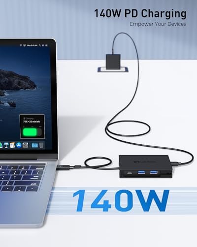 Elevate Your Connectivity with the Cable Matters 8-in-1 USB C Hub Multiport Adapter – Dual 4 K@60 Hz HDMI, 140 W Power Delivery, and Gigabit Ethernet for Unmatched Performance. Experience Lightning-Fast 10 Gbps Data Transfers with 2 USB-C and 1 USB-A 3.2 Ports, Perfectly Crafted for Seamless Device Integration. Ideal for Professionals Demanding Reliable Connectivity and Exceptional Visuals, This Compact Hub Supports One External Display on Mac OS, Making It Your Ultimate Travel Companion for Enhanced Efficiency and Power Management. Redefine Your Workspace Today!