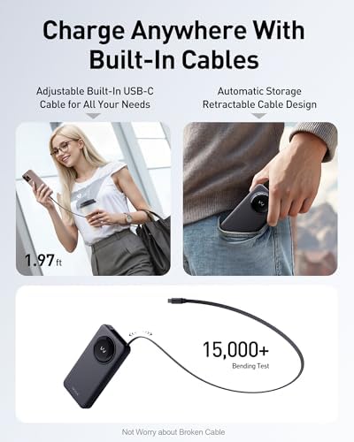 Ultra-Slim 10,000 m Ah Power Bank with 30 W PD Fast Charging & Integrated Retractable USB-C Cable – Perfect for i Phone 16/15, Samsung Galaxy 25/24, Google Pixel, and Mac Book Air – Effortless Portability Meets Stylish Efficiency in Sleek White Design for On-the-Go Charging