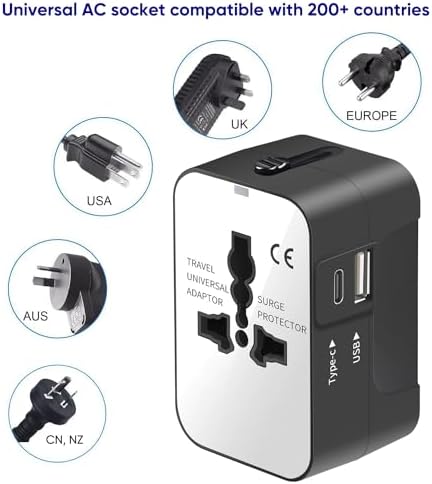 Global Travel Power Adapter with Dual USB-C & USB-A Ports – Compact & Efficient Universal Charger for USA, EU, UK & AUS – Reliable Fast Charging Solution for Tech-Savvy Travelers in Sleek Black Finish