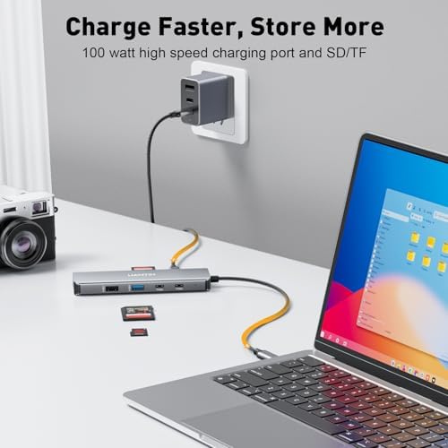 Transform Your Workflow with the 9-in-1 USB C Hub Featuring 4 K 60 Hz HDMI & Power Delivery – Ultimate Multiport Adapter for Mac Book Pro, i Pad Pro, Dell, and HP Laptops – Fast 5 Gbps Data Transfer, Dual USB-C, USB-A Ports, Plus SD/TF Card Reader for Maximum Productivity and On-the-Go Convenience