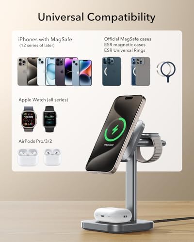 ESR Qi2 3-in-1 Wireless Charging Station – Fast 15 W Mag Safe Charger for i Phone 16/15/14/13, Certified Apple Watch & Air Pods Charger, Sleek White Design for Home or Office – Ultimate Multi-Device Charging Solution with Enhanced Compatibility and Speed