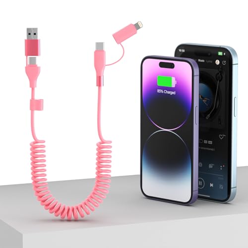 Versatile 4-in-1 Coiled Charging Cable for Apple Carplay & Android Auto – USB-A/Type C to USB-C/Lightning Combo – 60 W Fast Charge & Data Sync Cord for i Phone 15/14/13/12, Samsung Galaxy – MFi Certified for Enhanced Compatibility & Portability – Ideal for On-the-Go Connectivity