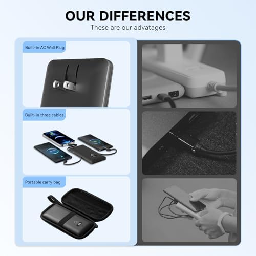 Ultimate Brand Q 10000 m Ah Portable Charger with Built-in Cables and AC Wall Plug – Fast Charging Power Bank with USB-C, Triple Output Ports for i Phone, Tablet & All Smartphones – Perfect Travel Companion for On-the-Go Charging