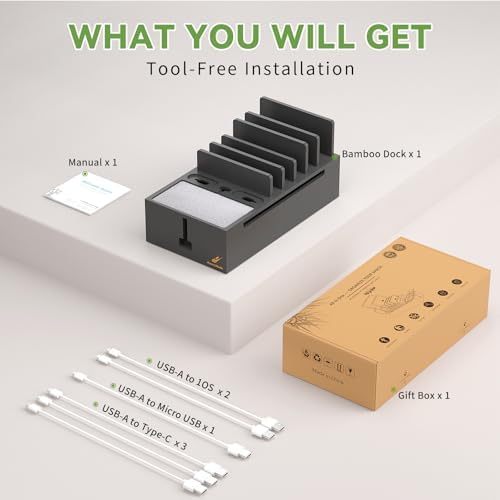 Pezin & Hulin Eco-Friendly Bamboo Cable Management Box – Sleek Desktop Organizer with 6 Cables for Tidy Charging Station, Stylish Wire Organizer for Electronic Devices, Enhances Workspace Efficiency and Aesthetics