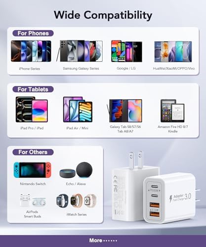 40 W USB C Multi-Device Fast Charger – 4-Port Power Adapter for i Phone & Samsung – Sleek Black Compact Travel Charger with Dual PD & QC Technology for Efficient Home and On-the-Go Charging Solutions – Perfect for Busy Professionals and Families