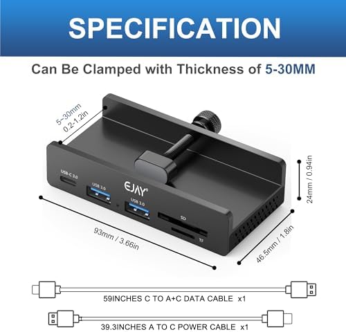EJAY Aluminum 5-Port USB 3.0 Hub with Integrated Card Reader – Streamlined Desktop Docking Station for Ultimate Connectivity – High-Speed 5 Gbps Data Transfer, Enhanced Power Supply Options, and Extended Cables for Maximum Efficiency – Perfect for Home and Office Setups