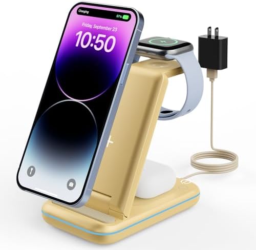GEEKERA 3-in-1 Foldable Wireless Charging Station for Apple Devices – Fast Charge Your i Phone 16/15/14/13/12/11 Pro Max, Apple Watch Ultra/10/9/SE/8/7/6/5 & Air Pods Pro/4/3/2 with Travel-Friendly Design – Ultimate Multi-Device Charging Solution for Home & On-the-Go Efficiency