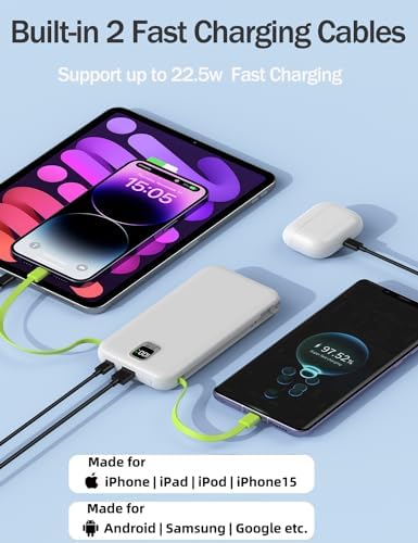 Ultra-Compact 10,000 m Ah Portable Charger with Integrated Cables & AC Plug – Fast Charging Power Bank for i Phone, Samsung, and Android Devices – QC 22.5 W & PD 20 W Travel Essential with Sleek Design for Maximum Convenience and Reliability