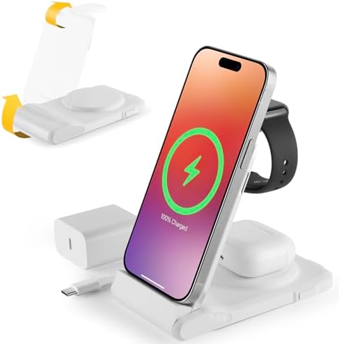 Travel-Friendly 3-in-1 Wireless Charging Station for i Phone, Apple Watch & Air Pods – Compact, Fast-Charging Foldable Charger with USB-C Adapter for Enhanced Compatibility – Ideal Desktop Organizer for Cable Management and Efficient Charging Solutions