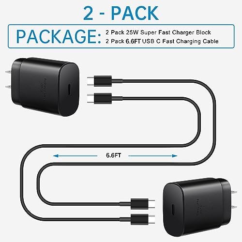 25 W Ultra-Fast USB-C Charger Block with 6.6 FT Type-C Cable for Samsung Galaxy S25/S24/S23/S22/S21/S20 & Note Series – High-Speed Charging Solution for Android Devices with Safety Features and Compact Design