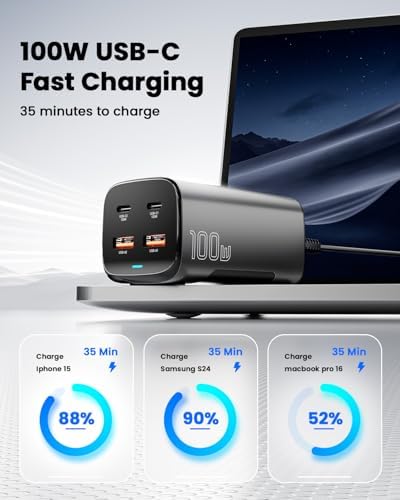 Essager 100 W Ga N USB-C Fast Charger – High-Efficiency 4-Port Travel Power Station for Mac Book, i Phone, i Pad Pro, & Samsung Devices – Universal Compatibility with Advanced Safety Features for On-the-Go Charging
