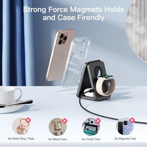 Ultimate 3-in-1 Foldable Wireless Mag-Safe Charging Station for i Phone 16/15/14/13/12, Apple Watch & Air Pods – Rapid 2.4 Hour Charge, Portable Travel Design with Adjustable Angles, Enhanced Magnetic Alignment & Smart Safety Features – Perfect Gift for Couples