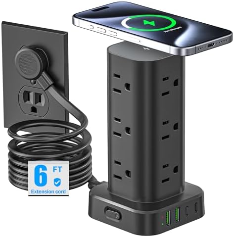 Ultimate Tower Power Strip Surge Protector – 12 AC Outlets & 4 High-Speed USB Ports (2 USB-C) with 6 FT Flexible Extension Cord – Versatile Charging Station for Home, Office, Dorm & Travel (Black) – Unmatched Safety & Space-Saving Design