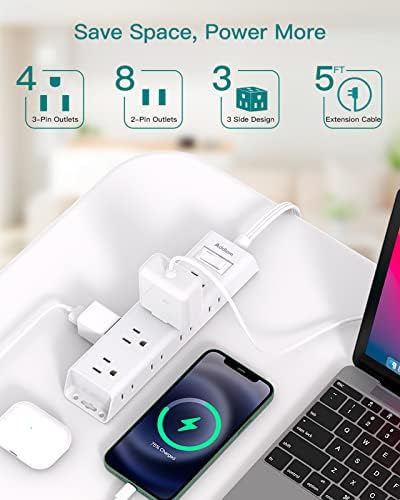 Ultra-Thin Flat Plug Power Strip with 12 AC Outlets – Addtam 5-Ft Surge Protector for Desk and Wall Mount – Multi-Device Charging Station for Home and Office – 1050 Joules Protection, Space-Saving Design for Tidy Workspaces and Enhanced Connectivity