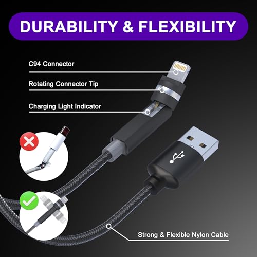 Revolutionize Your Charging Experience: 6.6 FT 90-Degree Lightning Cable with 360-Degree Rotating Head – MFi Certified, High-Speed 2.4 A Fast Charge, Durable Nylon Braided Design – Perfect for i Phone 14/13/12/11/X/8/7/6/5, i Pad, and i Pod – Seamless Use in Any Orientation