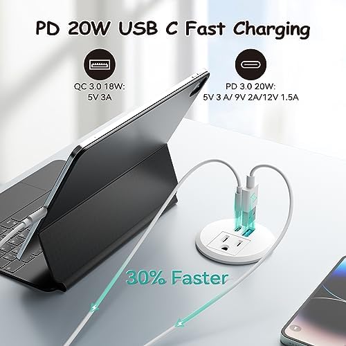 XBA 2-Inch Recessed Desktop Power Grommet with PD 20 W USB-C and 18 W USB-A Ports – Streamlined Hidden Power Outlet with 6 FT Extension Cord for Efficient Charging in Home Offices and Conference Rooms – Elevate Your Workspace Organization and Productivity
