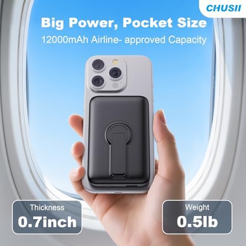 Mag Safe-Compatible 12000 m Ah Wireless Power Bank with Built-in Stand – Rapid PD 20 W Magnetic Charger for i Phone 16/15/14/13/12 Pro Series – Ultimate Travel Companion with Seamless Connectivity and Enhanced Device Usability