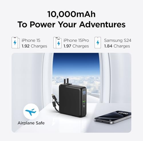 Sanag 5-in-1 Travel Charger Power Bank – 10,000 m Ah Fast Charging Wireless and USB-C Device with Built-in Cables & AC Wall Plug for Ultimate Compatibility with i Phone, Samsung & More – Compact, Lightweight, and Designed for On-the-Go Charging Efficiency