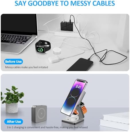 Revolutionary 3-in-1 Foldable Wireless Charging Station for Apple Devices – Ultimate i Phone 15, 14 Pro Max, 13, 12, Apple Watch 9-3, and Air Pods Pro Compatibility in a Compact Design (Black) – Streamlined Charging Efficiency and Portability for Tech Enthusiasts