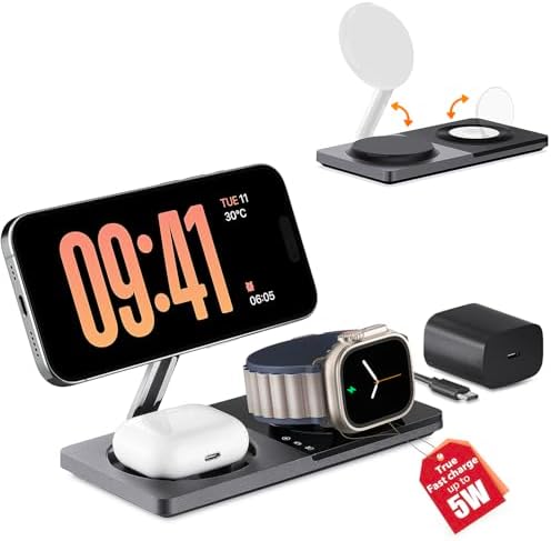 Revolutionize Your Charging Experience: 3-in-1 Fast Charging Station for Apple Devices with Mag-Safe Technology – Wireless Dock for i Phone 16/15/14/13/12 Series, Apple Watch Series 1-9/Ultra, and Air Pods Pro – Includes 30 W USB Charger in Sleek Silver Finish for Optimal Compatibility and Speed