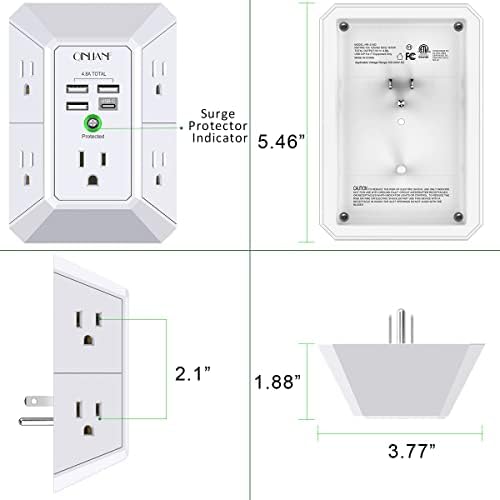 QINLIANF 5-Outlet USB Wall Charger with Surge Protection – 4 USB Ports (4.8 A Total) Power Strip Extender, 3-Sided Design for Easy Access, 1680 J Surge Defense, Compact Multi-Plug Adapter for Home, Travel, and Office Use – Elevate Your Charging Experience with Versatile Compatibility and Safety