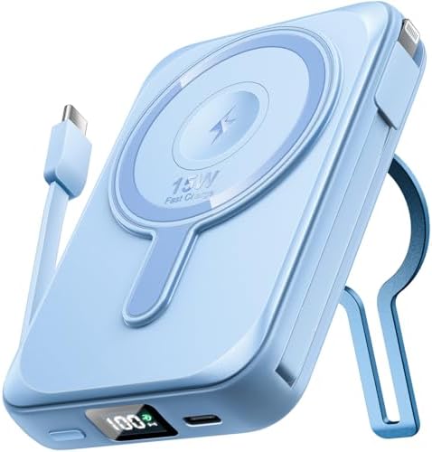 Ultimate Magnetic Power Bank – 10,000 m Ah Wireless Charger with Integrated Stand and Built-in Cables – 22.5 W Fast Charging for i Phone 16/15/14/13/12, Samsung S22/S21, Google Devices – Ideal Travel Companion for Effortless Multi-Device Charging and Seamless Connectivity