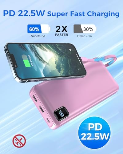 50000 m Ah Portable Power Bank with Built-in Cables – Multi-Device Charging Hub with 20 W PD Fast Charge, LED Power Indicator, and Safety Features (Pink) for Ultimate On-the-Go Energy Solutions