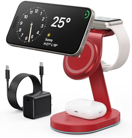 Ultimate 3-in-1 Wireless Charging Station for i Phone, Apple Watch, and Air Pods – Qi2 Certified 15 W Magnetic Charger with 30 W USB-C Adapter & Integrated Night Light – Streamlined Design for i Phone 16/15/14/13/12 – Superior Speed and Enhanced Compatibility for Modern Tech Users