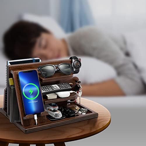 Gifts for Men, Wood Phone Docking Station, Mens Gifts for Birthday Gifts for Men or Gifts for Dad Fathers Day, Desk Workspace Organizer Nightstand Organizer Key for Wallet & Watch Holder – Enhanced Compatibility and Speed