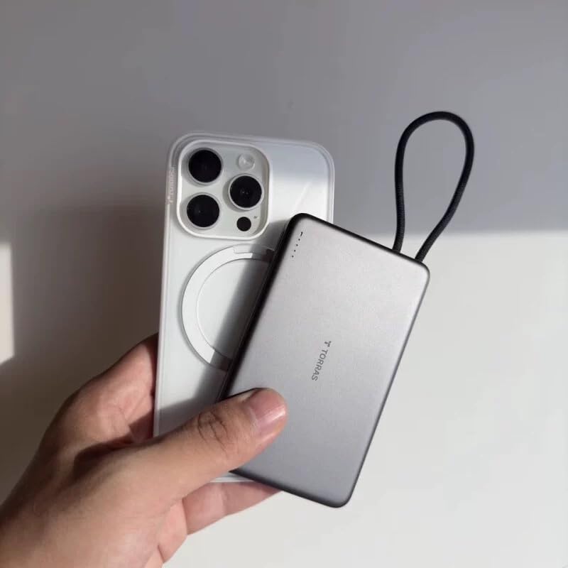 Ultra-Slim TORRAS 10,000 m Ah Power Bank with Built-in USB-C Cable – Lightweight Portable Charger for i Phone 16/15 & Samsung S24 Ultra, 22.5 W Fast Charging, Durable Design for Travel and Outdoor Use – Glacier Grey, Enhanced Safety & Dual Device Charging