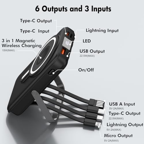 Ultimate 3-in-1 Wireless Portable Charger 10000 m Ah – Magnetic Power Bank with Built-in Cables and LED Display for i Phone 15/14/13/12, Apple Watch, Air Pods – 22.5 W Fast Charging, Enhanced Compatibility for On-the-Go Power Solutions