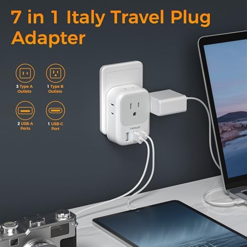Ultimate European Travel Power Adapter: 4 AC Outlets & 3 Fast Charge USB Ports (1 USB-C PD 20 W) – Compact, Foldable Design for Effortless Connectivity in Spain, France, Germany, Italy, Portugal & Iceland – Versatile Compatibility for All Your Devices