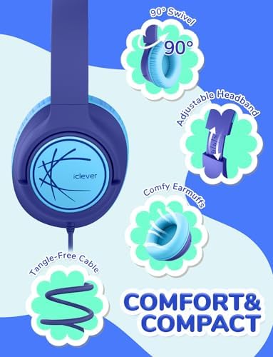 i Clever Kids Headphones: Safe 85 d B Volume Limit, Ergonomic Foldable Design, Superior Stereo Sound, 3.5 mm Jack Compatibility – Ideal for Travel, School & Home Use – Stylish Blue-Green for Boys & Girls