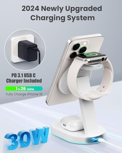 Ultimate 3-in-1 Wireless Charging Station for i Phone, Apple Watch, and Air Pods – Qi2 Certified 15 W Magnetic Charger with 30 W USB-C Adapter & Integrated Night Light – Streamlined Design for i Phone 16/15/14/13/12 – Superior Speed and Enhanced Compatibility for Modern Tech Users
