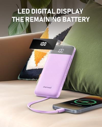 Ultra-Slim 10,000 m Ah Charmast Portable Charger with Built-In Cables – High-Speed 15 W USB-C Power Bank for i Phone 16/15/13, Samsung, and Android Devices – Charge 6 Devices Simultaneously with Real-Time LED Display – Travel-Friendly Battery Pack with Pouch for Added Durability and Low Current Mode for Safe Charging of Earphones and Speakers – Essential Power Solution for Daily Use and On-the-Go Charging