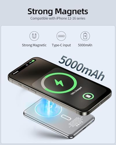 Ultra-Slim 5000 m Ah Mag Safe Battery Pack – Wireless Magnetic Power Bank with 15 W Fast Charging and PD 20 W USB-C Output for i Phone 16/15/14/13/12 Series – Sleek, Lightweight Design for On-the-Go Charging and Enhanced Device Compatibility