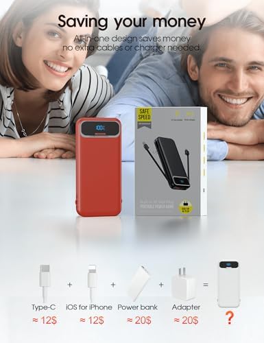 Ultra-Compact 12000 m Ah Power Bank with Built-in Charging Cables & AC Plug – 20 W PD Fast Charging for i Phone, Samsung, Android, USB-C Devices – Travel-Friendly External Battery Pack in Purple – Unmatched Portability and Efficiency for On-the-Go Charging Solutions