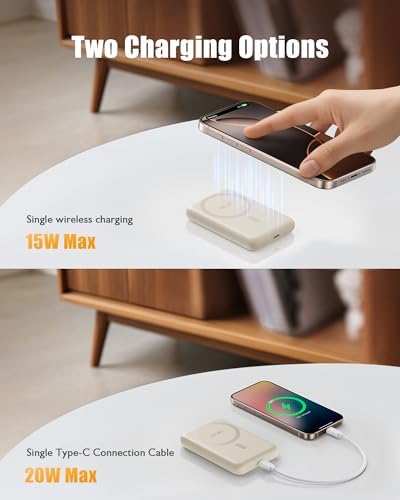 Ultra-Slim 10,000 m Ah Mag Safe Power Bank – 15 W Magnetic Wireless Charger with PD 20 W Fast Charging for i Phone 12-16 Series – Compact Beige Design for Effortless Portability & Simultaneous Dual Device Charging – Includes 22.5 W USB-C Cable for Quick Top-Ups and Hassle-Free Use