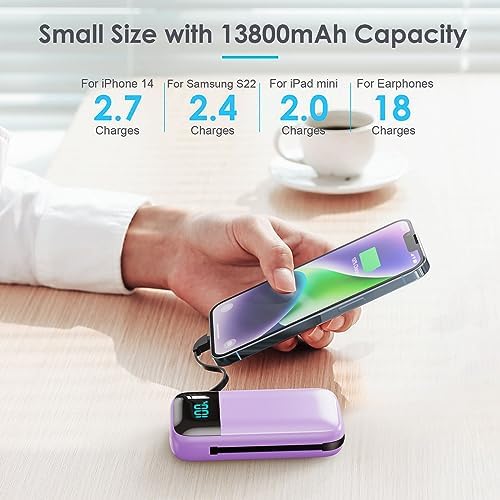 Ultra-Compact 13,800 m Ah Portable Charger with Built-In Cables – PD Fast Charging Power Bank for i Phone 15/14/13/12 & Android Devices – Stylish Pink Design with LCD Display for Real-Time Battery Monitoring – Perfect for Travel and Daily Use – Multi-Device Charging Solution