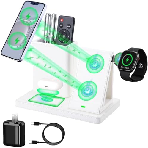 Sophisticated White Leather Pen Holder Desk Organizer with 3-in-1 Wireless Charger for Phone, Earbuds & Watch – Ultimate Desk Accessory for Women, Ideal Birthday Gift for Moms and Professionals – Enhance Workspace Efficiency and Style