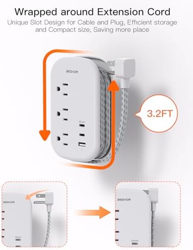 BESHON Ultra Flat USB C Travel Power Strip – Versatile 3 AC Outlets & 3 USB Ports (2 USB-C) with 3.2 ft Tangle-Free Extension Cord for Seamless Charging on Cruise Ships & Travel – Essential Compact Power Solution in Grey for On-the-Go Connectivity and Device Protection