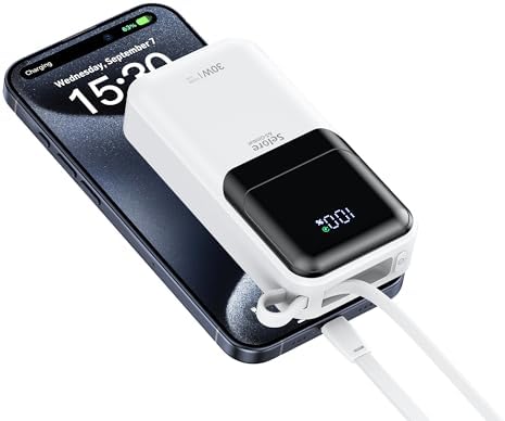 30 W Ultra-Fast Charging Power Bank with Built-In USB-C & Lightning Cables – 10,000 m Ah Mini Portable i Phone Charger for i Phone 16/15/14/13 & Samsung Devices – Compact Travel Battery Pack with LED Display for On-the-Go Power Solutions