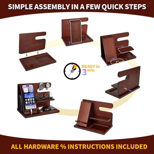 Wood Phone Docking Station Key Holder Stand Watch Organizer Men Gift Husband Wife Anniversary Dad Birthday Nightstand Purse Father Graduation Male Travel Idea Gadgets – Enhanced Compatibility and Speed