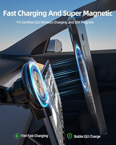 Maximize Your Tesla Experience with the Qi2 15 W Mag Safe Charger – Fast Wireless Charging for i Phone 16/15/14/13/12 Series, Heat Restriction Technology, Ideal for Model Y/3, Includes 40″ C-C Cable for Effortless Installation and Enhanced Safety