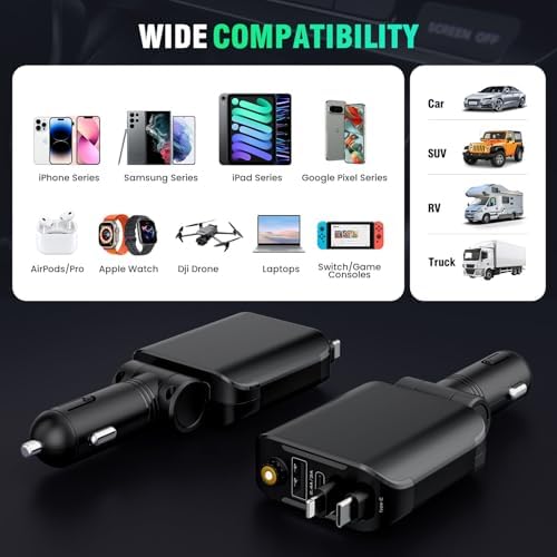 Transform Your Charging Routine with the 4-in-1 Retractable Car Charger Featuring Starlight Glow – 120 W USB-C Fast Charger Compatible with i Phone 16/15/14/13/12/11 and Android Devices, Tangle-Free Design for Effortless Use, Perfect Valentine’s Gift for Him or Her in Sleek Dark Grey