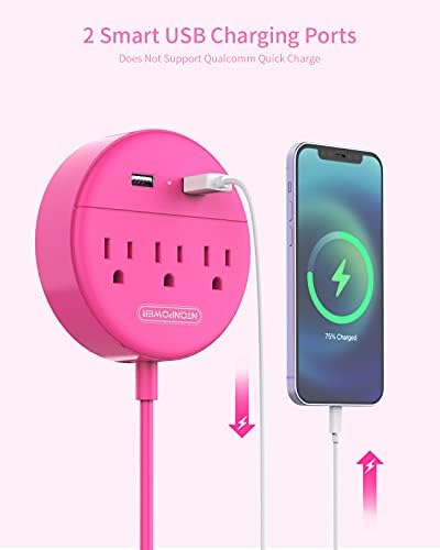 Stylish 25 ft Rose Pink Extension Cord by NTONPOWER – Flat Plug Power Strip with 3 AC Outlets & 2 USB Ports, Versatile Wall Mount Charging Station for Home, Dorm, or Office – ETL Certified for Enhanced Safety and Performance